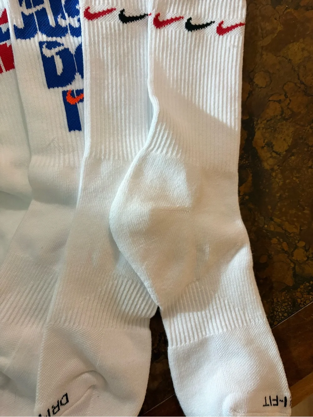 NWOT Nike White Crew Athletic Socks with Red & Blue Logos - 3 Pack
